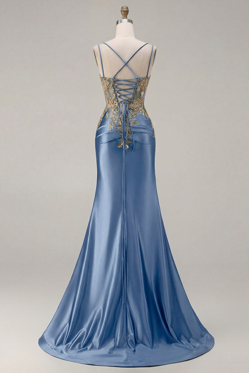 Load image into Gallery viewer, Sparkly Black Satin Floral Appliqued Long Corset Prom Dress with Slit