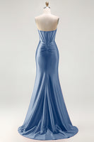 Load image into Gallery viewer, Sparkly Red Mermaid Satin Beaded Long Corset Prom Dress with Slit