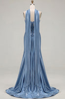 Load image into Gallery viewer, Blue Satin Sweetheart Mermaid Long Corset Prom Dress