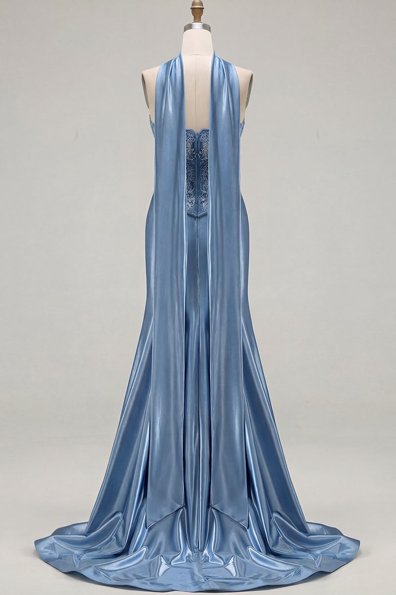 Load image into Gallery viewer, Blue Satin Sweetheart Mermaid Long Corset Prom Dress