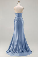 Load image into Gallery viewer, Dark Green Strapless Satin Mermaid Long Corset Prom Dress with Slit