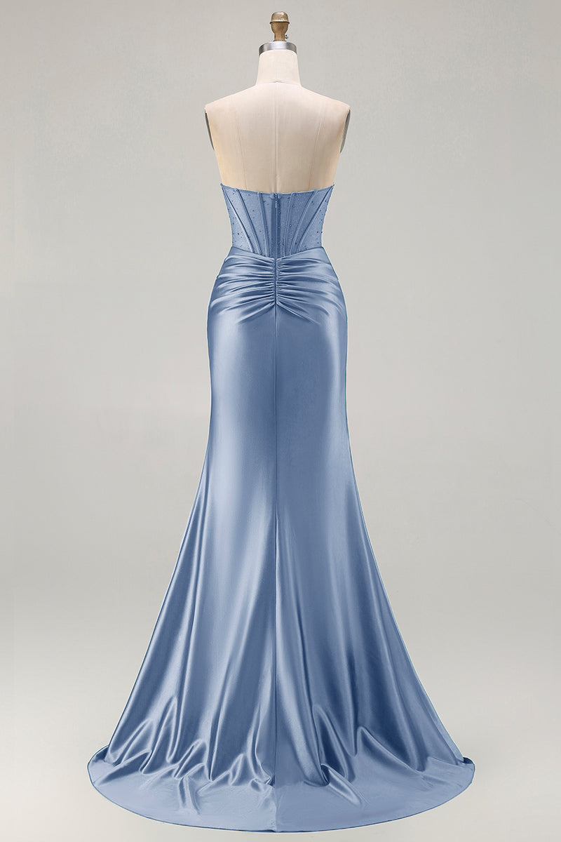 Load image into Gallery viewer, Dark Green Strapless Satin Mermaid Long Corset Prom Dress with Slit