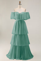 Load image into Gallery viewer, White Chiffon Off the Shoulder Tiered Boho Sweep Train Wedding Dress