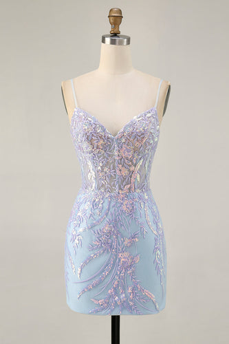 Sparkly Blue Spaghetti Straps Corset Lace Short Prom Dress