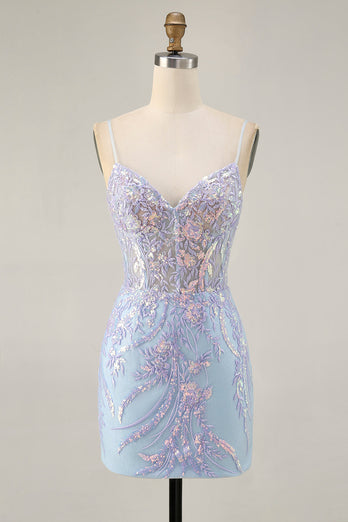 Sparkly Blue Spaghetti Straps Corset Lace Short Prom Dress
