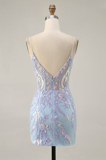 Sparkly Blue Spaghetti Straps Corset Lace Short Prom Dress