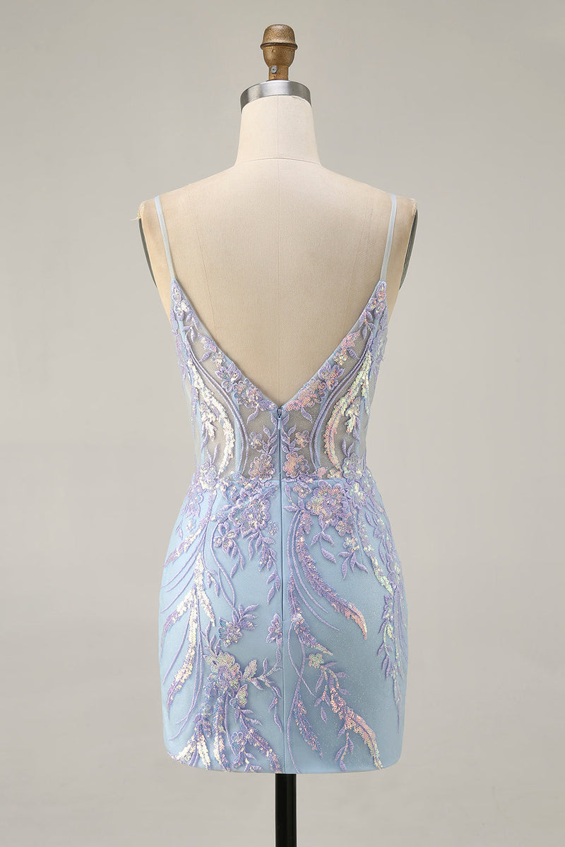 Load image into Gallery viewer, Sparkly Blue Spaghetti Straps Corset Lace Short Prom Dress