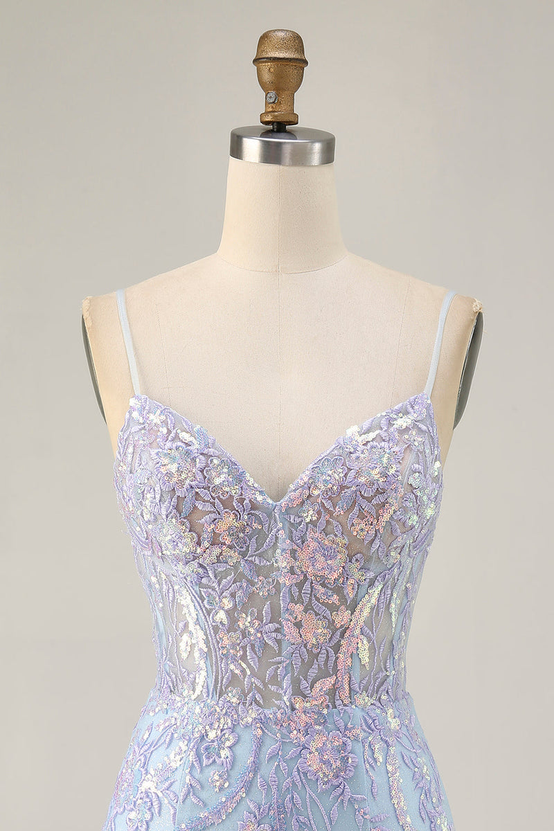 Load image into Gallery viewer, Sparkly Blue Spaghetti Straps Corset Lace Short Prom Dress