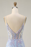 Load image into Gallery viewer, Sparkly Blue Spaghetti Straps Corset Lace Short Prom Dress