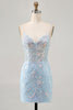 Load image into Gallery viewer, Sparkly Blue Spaghetti Straps Corset Lace Short Prom Dress