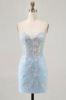 Load image into Gallery viewer, Sparkly Blue Spaghetti Straps Corset Lace Short Prom Dress