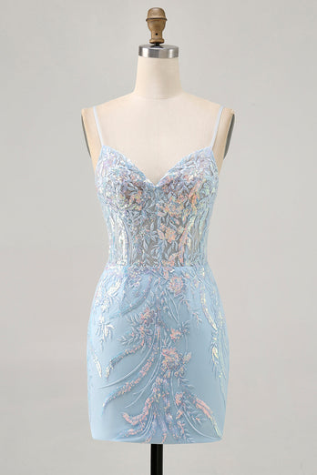 Sparkly Blue Spaghetti Straps Corset Lace Short Prom Dress