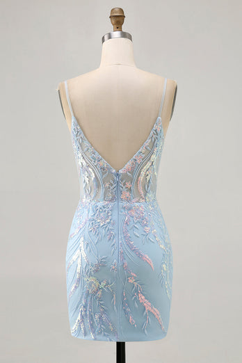 Sparkly Blue Spaghetti Straps Corset Lace Short Prom Dress
