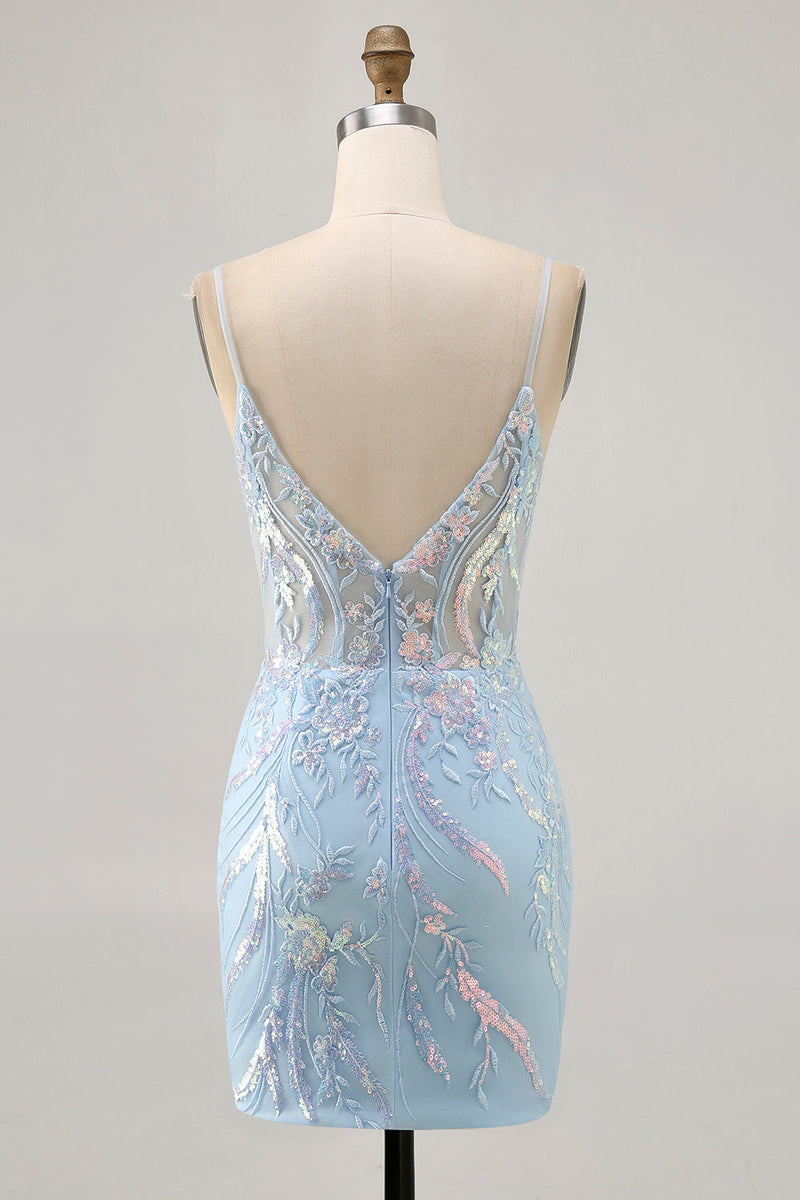 Load image into Gallery viewer, Sparkly Blue Spaghetti Straps Corset Lace Short Prom Dress