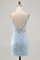Load image into Gallery viewer, Sparkly Light Blue Short Tight Corset Lace Prom Dress
