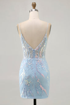 Sparkly Light Blue Short Tight Corset Lace Prom Dress