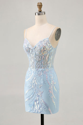 Sparkly Light Blue Short Tight Corset Lace Prom Dress