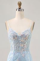 Load image into Gallery viewer, Sparkly Blue Spaghetti Straps Corset Lace Short Prom Dress