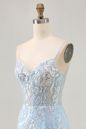 Sparkly Blue Spaghetti Straps Corset Lace Short Prom Dress