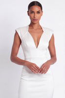 Load image into Gallery viewer, V-Neck White Pencil Midi Cap Sleeves Work Dress