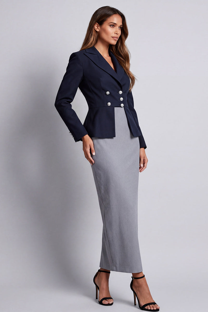 Load image into Gallery viewer, Sheath Peak Lapel Navy Double Breasted Striped Long Work Dress
