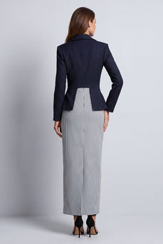 Sheath Peak Lapel Navy Double Breasted Striped Long Work Dress