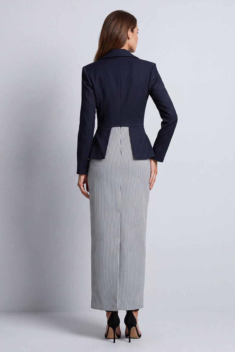 Load image into Gallery viewer, Sheath Peak Lapel Navy Double Breasted Striped Long Work Dress