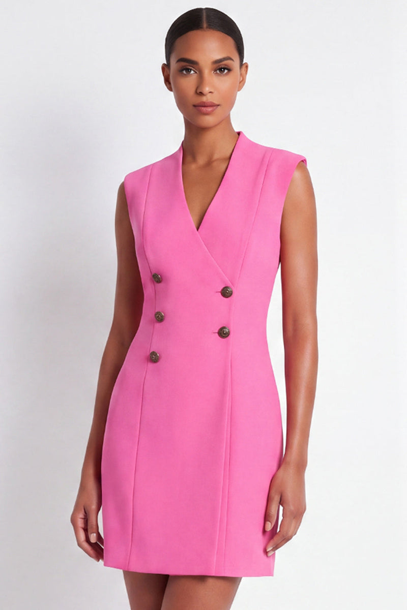 Load image into Gallery viewer, V-Neck Pink Double Breasted Short Work Dress