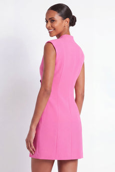V-Neck Pink Double Breasted Short Work Dress