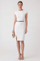 Load image into Gallery viewer, Round Neck Pencil Short Cap Sleeves White Work Dress with Belt