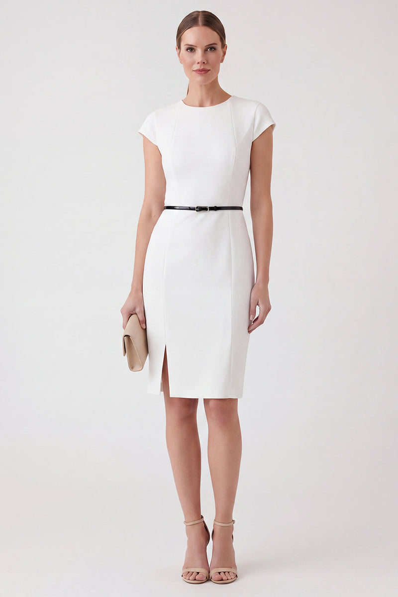 Load image into Gallery viewer, Round Neck Pencil Short Cap Sleeves White Work Dress with Belt