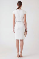 Load image into Gallery viewer, Round Neck Pencil Short Cap Sleeves White Work Dress with Belt