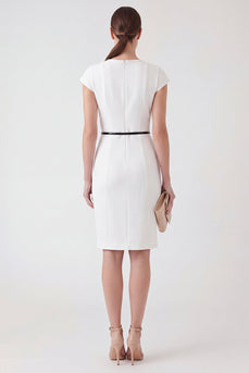 Round Neck Pencil Short Cap Sleeves White Work Dress with Belt