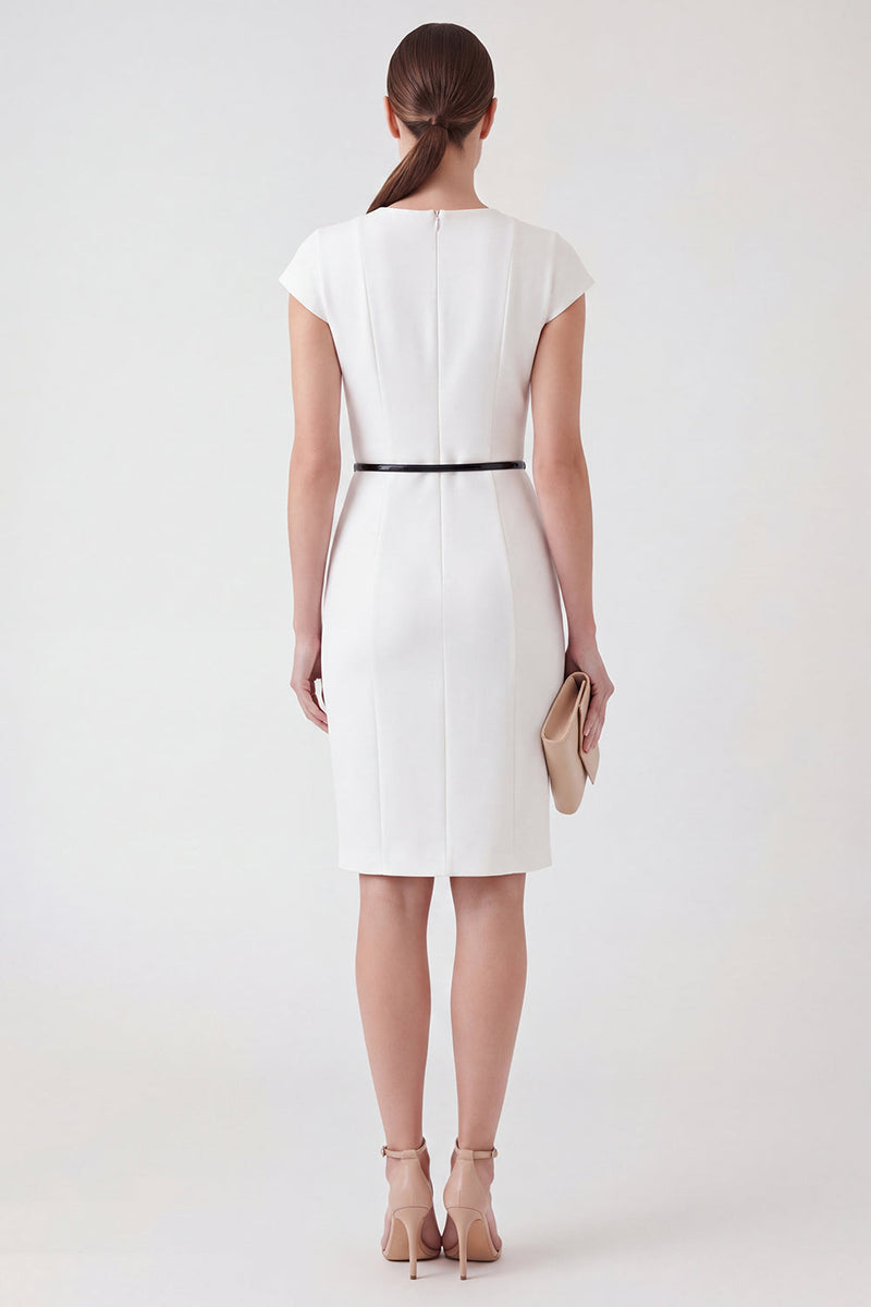 Load image into Gallery viewer, Round Neck Pencil Short Cap Sleeves White Work Dress with Belt