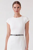 Load image into Gallery viewer, Round Neck Pencil Short Cap Sleeves White Work Dress with Belt
