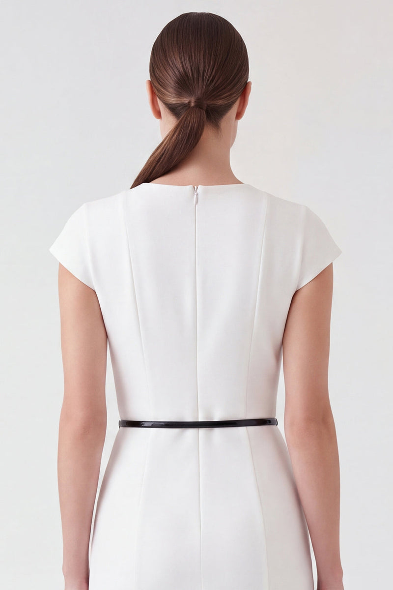 Load image into Gallery viewer, Round Neck Pencil Short Cap Sleeves White Work Dress with Belt