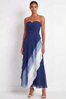 Load image into Gallery viewer, Strapless Blue A Line Color Block Maxi Wedding Guest Dress with Ruffles