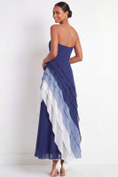Load image into Gallery viewer, Strapless Blue A Line Color Block Maxi Wedding Guest Dress with Ruffles