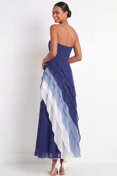 Strapless Blue A Line Color Block Maxi Wedding Guest Dress with Ruffles