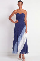 Load image into Gallery viewer, Strapless Blue A Line Color Block Maxi Wedding Guest Dress with Ruffles
