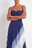 Load image into Gallery viewer, Strapless Blue A Line Color Block Maxi Wedding Guest Dress with Ruffles
