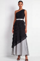 Load image into Gallery viewer, Black A Line One Shoulder Maxi Formal Dress with Ruffles