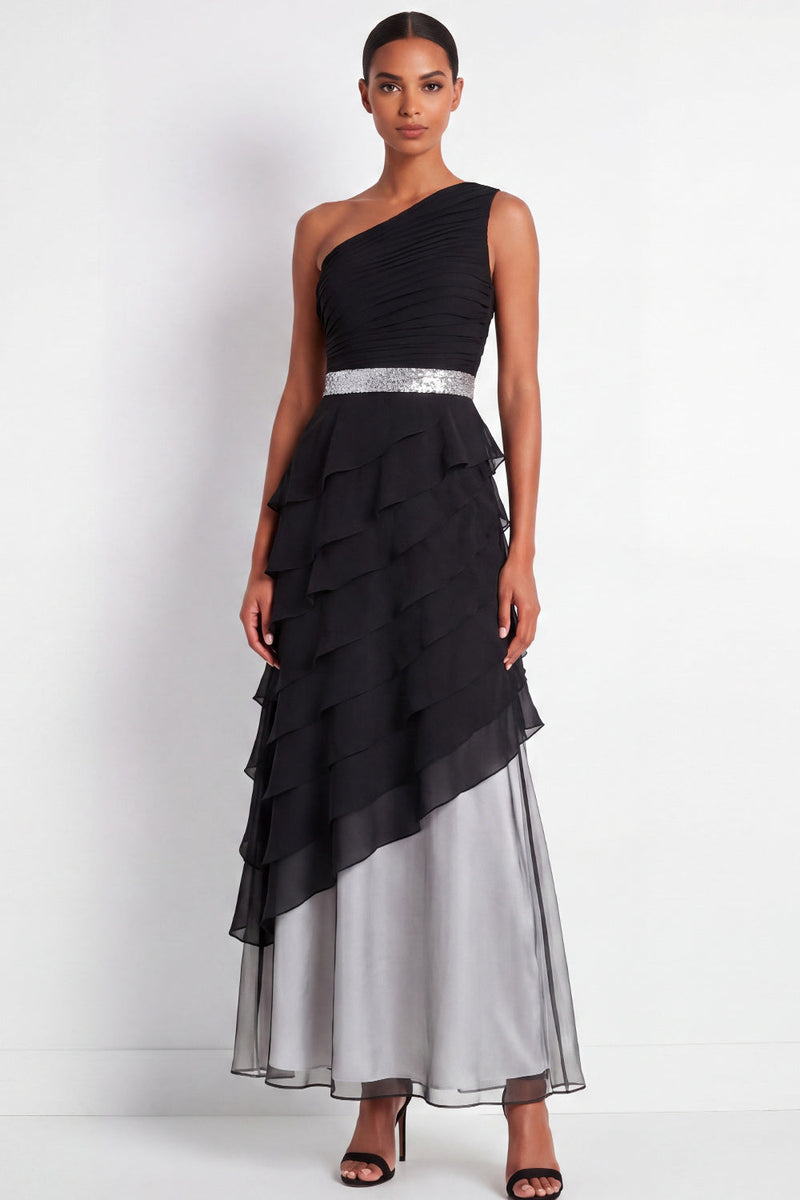 Load image into Gallery viewer, Black A Line One Shoulder Maxi Formal Dress with Ruffles