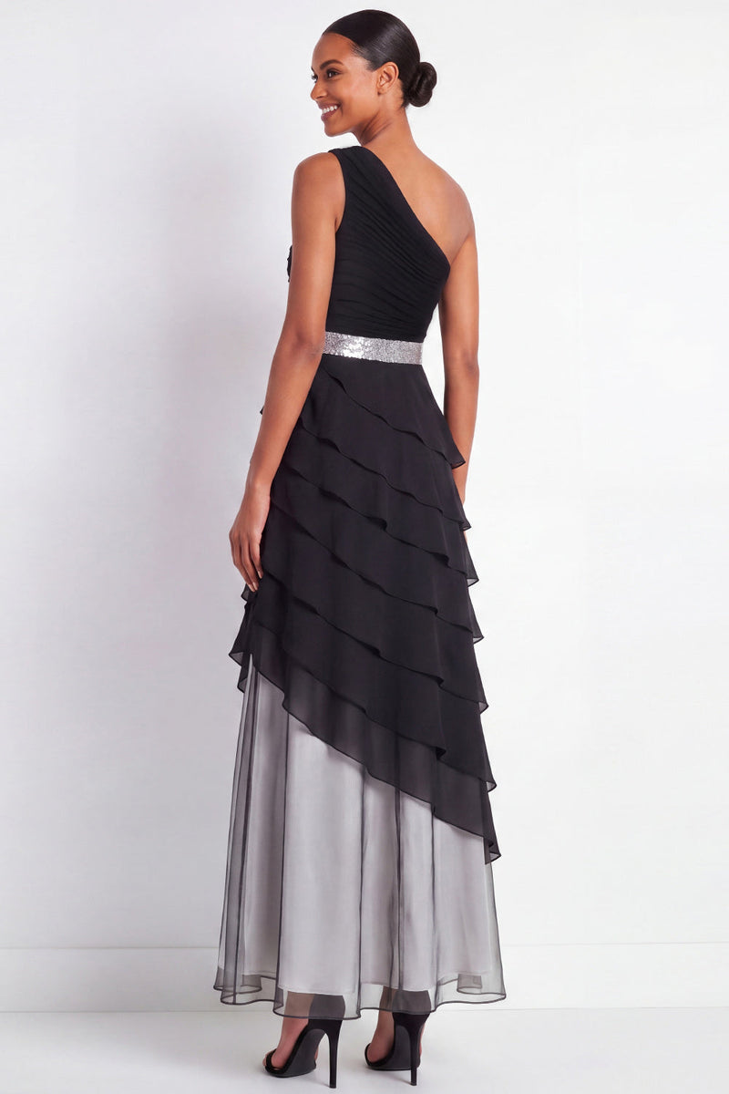 Load image into Gallery viewer, Black A Line One Shoulder Maxi Formal Dress with Ruffles