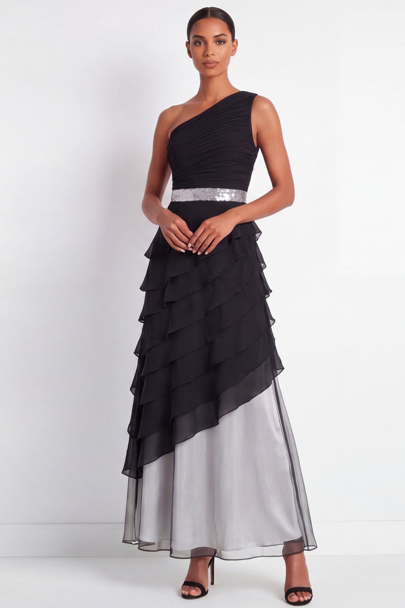 Load image into Gallery viewer, Black A Line One Shoulder Maxi Formal Dress with Ruffles