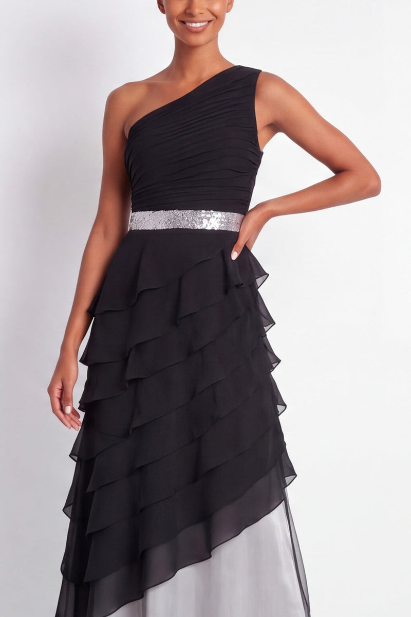 Load image into Gallery viewer, Black A Line One Shoulder Maxi Formal Dress with Ruffles