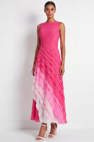 Load image into Gallery viewer, Boat Neck Fuchsia Maxi A Line Color Block Wedding Guest Dress with Ruffles