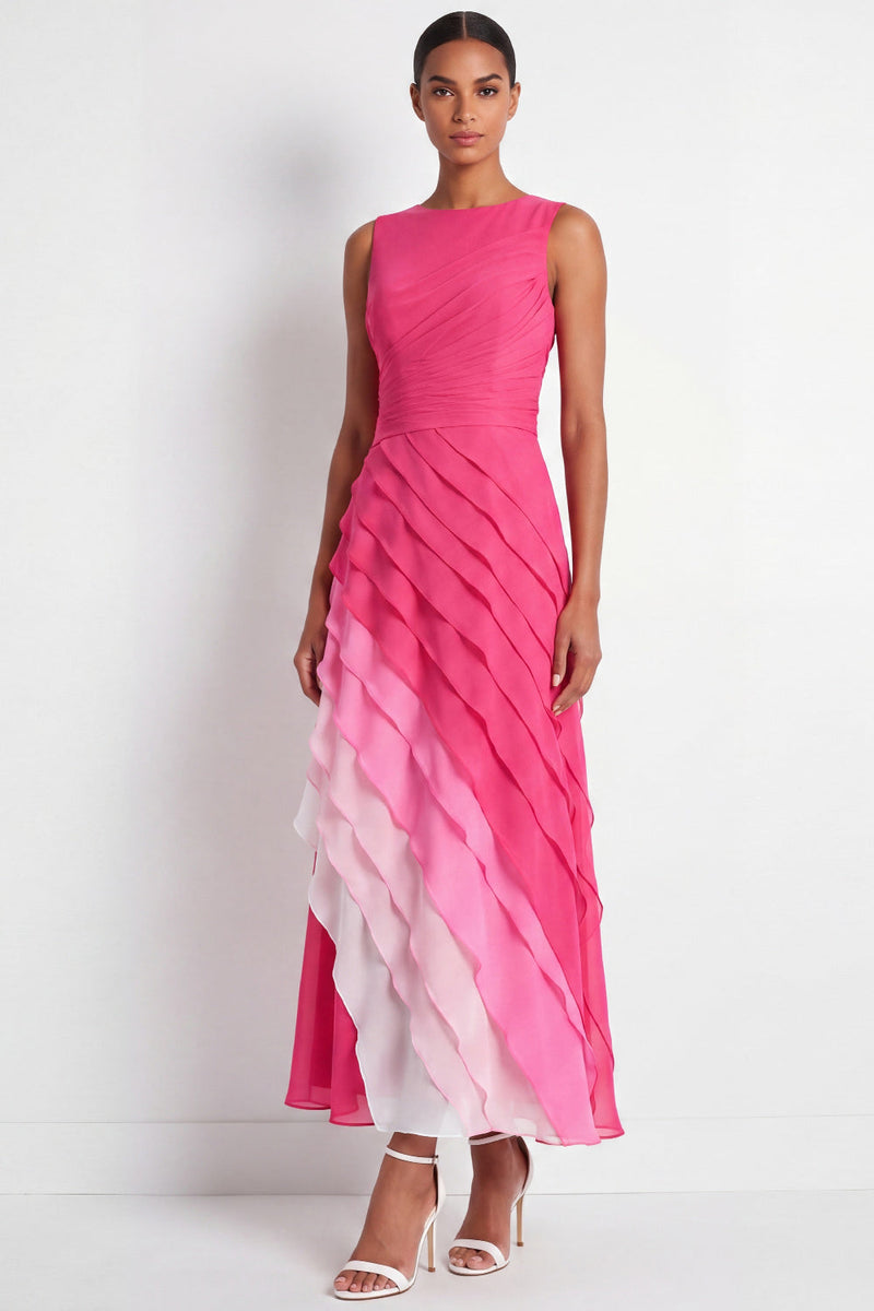 Load image into Gallery viewer, Boat Neck Fuchsia Maxi A Line Color Block Wedding Guest Dress with Ruffles