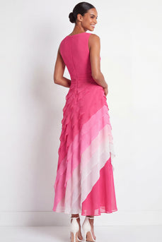 Boat Neck Fuchsia Maxi A Line Color Block Wedding Guest Dress with Ruffles