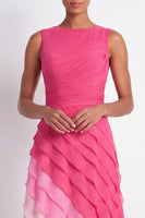 Load image into Gallery viewer, Boat Neck Fuchsia Maxi A Line Color Block Wedding Guest Dress with Ruffles